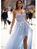 Beaded Strapless Baby Blue Lace Tulle Slit Evening Dress