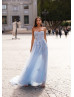 Beaded Strapless Baby Blue Lace Tulle Slit Evening Dress Beaded Strapless Baby Blue Lace Tulle Slit Evening Dress