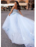 Beaded Strapless Baby Blue Lace Tulle Slit Evening Dress Beaded Strapless Baby Blue Lace Tulle Slit Evening Dress