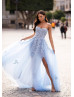 Beaded Strapless Baby Blue Lace Tulle Slit Evening Dress