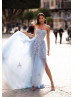 Beaded Strapless Baby Blue Lace Tulle Slit Evening Dress