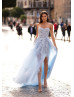 Beaded Strapless Baby Blue Lace Tulle Slit Evening Dress Beaded Strapless Baby Blue Lace Tulle Slit Evening Dress