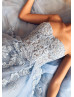 Beaded Strapless Baby Blue Lace Tulle Slit Evening Dress Beaded Strapless Baby Blue Lace Tulle Slit Evening Dress