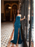 Straight Neck Teal Satin Slit Classy Evening Dress