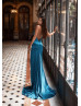 Straight Neck Teal Satin Slit Classy Evening Dress