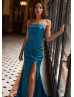 Straight Neck Teal Satin Slit Classy Evening Dress