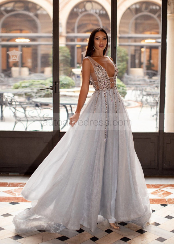 Silver Beaded Tulle Exposed Back Evening Dress