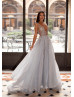 Silver Beaded Tulle Exposed Back Evening Dress