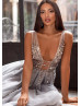Silver Beaded Tulle Exposed Back Evening Dress