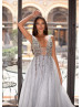 Silver Beaded Tulle Exposed Back Evening Dress