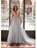 Silver Beaded Tulle Exposed Back Evening Dress Silver Beaded Tulle Exposed Back Evening Dress
