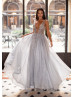 Silver Beaded Tulle Exposed Back Evening Dress