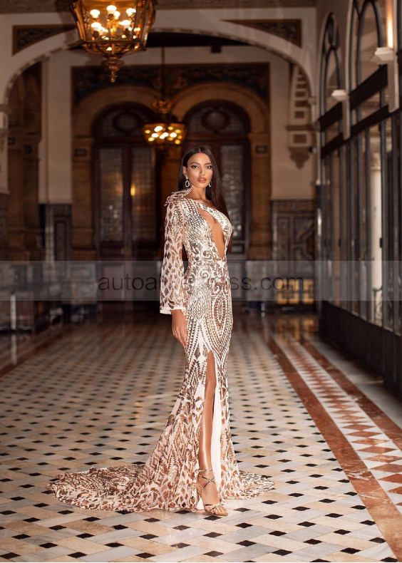 One Long Sleeve Rose Gold Sequin Slit Sexy Evening Dress