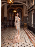 One Long Sleeve Rose Gold Sequin Slit Sexy Evening Dress