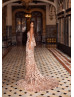 One Long Sleeve Rose Gold Sequin Slit Sexy Evening Dress