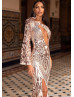 One Long Sleeve Rose Gold Sequin Slit Sexy Evening Dress