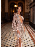 One Long Sleeve Rose Gold Sequin Slit Sexy Evening Dress
