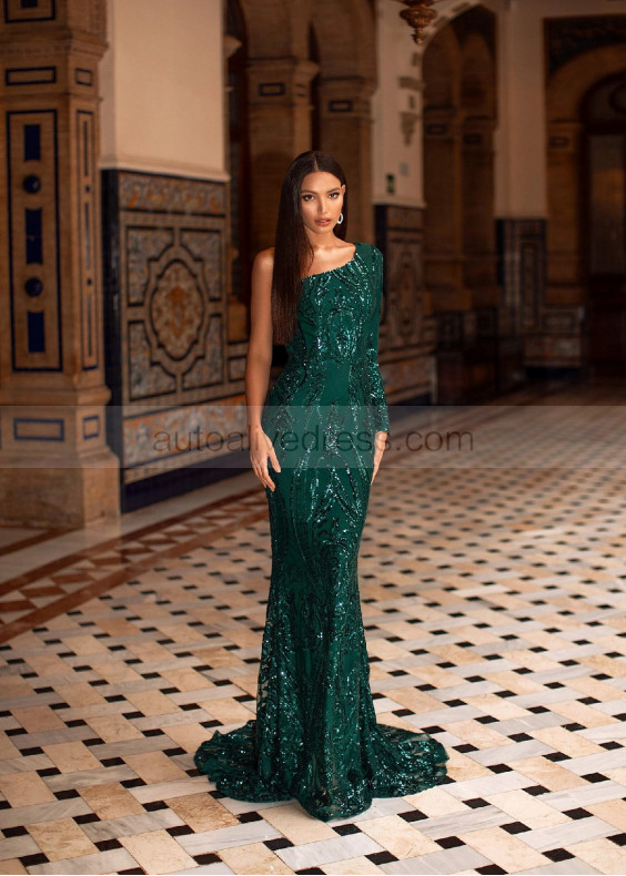 One Shoulder Emerald Sequin Stylish Evening Dress