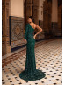 One Shoulder Emerald Sequin Stylish Evening Dress