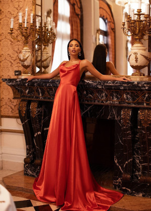 Cowl Neck Organge Satin Cross Back Gorgeous Evening Dress