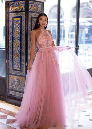 Halter Neck Beaded Pink Lace Tulle Floral Evening Dress