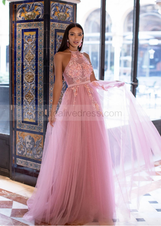 Halter Neck Beaded Pink Lace Tulle Floral Evening Dress