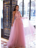 Halter Neck Beaded Pink Lace Tulle Floral Evening Dress