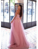 Halter Neck Beaded Pink Lace Tulle Floral Evening Dress
