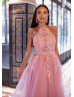 Halter Neck Beaded Pink Lace Tulle Floral Evening Dress