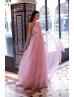 Halter Neck Beaded Pink Lace Tulle Floral Evening Dress