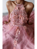 Halter Neck Beaded Pink Lace Tulle Floral Evening Dress Halter Neck Beaded Pink Lace Tulle Floral Evening Dress