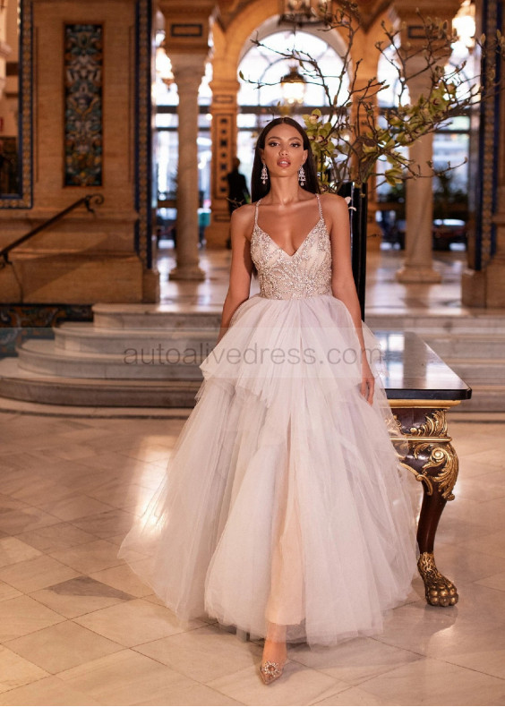 Beaded Multicoloured Tulle Tiered Evening Dress