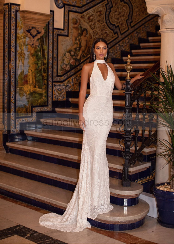 Halter Neck Ivory Sequin Backless Evening Dress