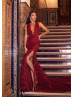 Sexy Beaded Burgundy Lace Tulle Slit Evening Dress