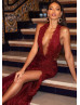 Sexy Beaded Burgundy Lace Tulle Slit Evening Dress Sexy Beaded Burgundy Lace Tulle Slit Evening Dress
