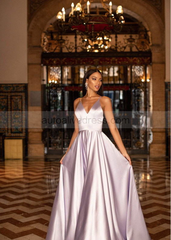 V Neck Lilac Satin Evening Dress With Pockets