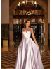 V Neck Lilac Satin Evening Dress With Pockets