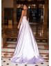 V Neck Lilac Satin Evening Dress With Pockets