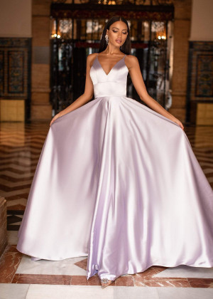 V Neck Lilac Satin Evening Dress With Pockets