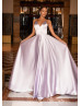 V Neck Lilac Satin Evening Dress With Pockets