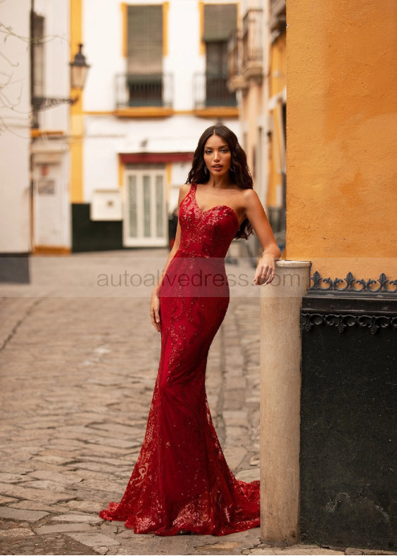 One Shoulder Deep Red Sequin Elegant Evening Dress