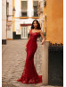 One Shoulder Deep Red Sequin Elegant Evening Dress