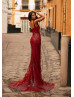 One Shoulder Deep Red Sequin Elegant Evening Dress
