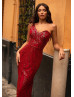 One Shoulder Deep Red Sequin Elegant Evening Dress