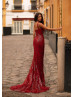 One Shoulder Deep Red Sequin Elegant Evening Dress