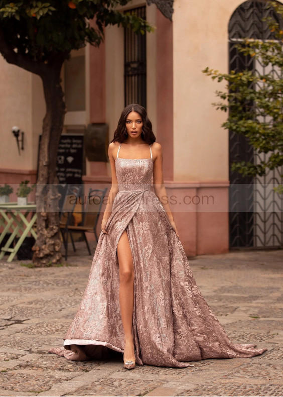 Straight Neck Mauve Lace Hidden Slit Evening Dress