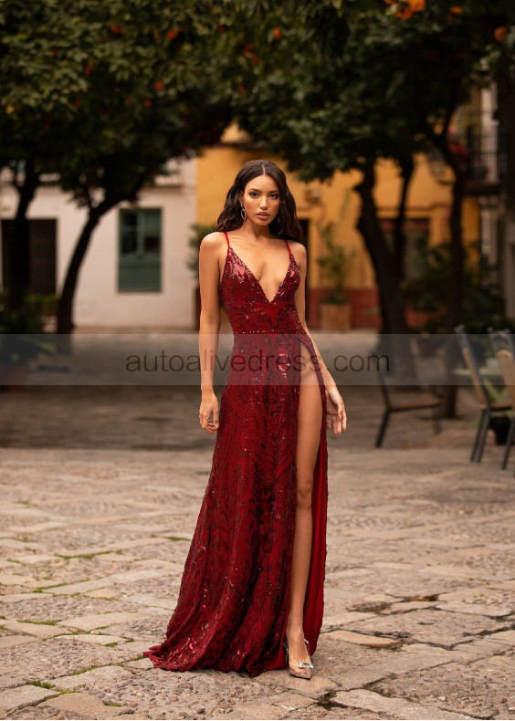 V Neck Burgundy Sequin Slit Sparkling Evening Dress