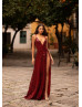 V Neck Burgundy Sequin Slit Sparkling Evening Dress