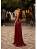 V Neck Burgundy Sequin Slit Sparkling Evening Dress