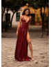 V Neck Burgundy Sequin Slit Sparkling Evening Dress
